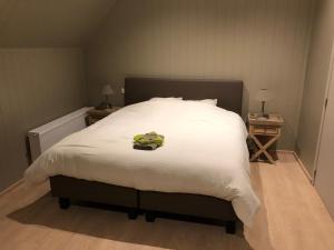 瓦勒海姆B&B De Dulle Koe的卧室配有白色的床,上面有绿毛巾
