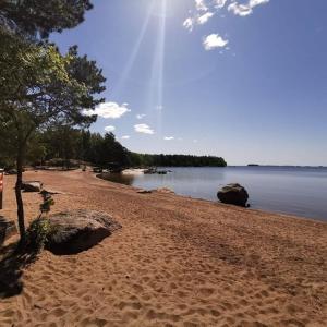 哈米纳Hamina Camping Pitkäthiekat的一片拥有树木和水的沙滩