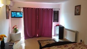 图尔恰Vila Rico的客厅,窗户前设有粉红色窗帘