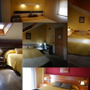 阿维拉多纳胡安娜旅舍的四张带两张床的酒店客房的照片