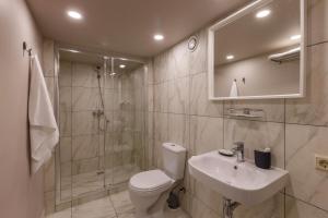 圣彼得堡艾克斯普酒店的浴室配有卫生间、盥洗盆和淋浴。