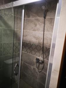 恰纳卡莱İntepe Poseidon的浴室里设有玻璃门淋浴