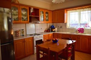 Ágios NikólaosVasw Apartment的厨房配有木制橱柜和碗桌