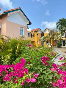 圣安娜Superbe studio de standing à 800m de la mer des Caraïbes le hameau de beauregard sainte anne的一座花园,在房子前方种有粉红色的花朵
