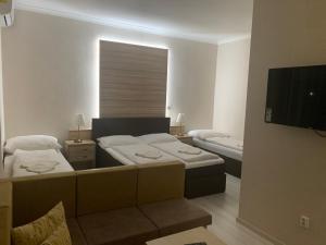 什图罗沃LAS PALMAS ROOMS的一间卧室配有两张床和一台平面电视