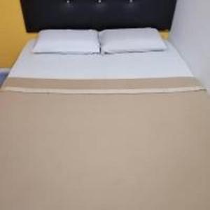 伯恩仓Emerald Inn的一张位于房间的床,上面有两个枕头