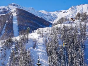 欧龙勒布莱农酒店的一座被雪覆盖的山,有树木和滑雪缆车