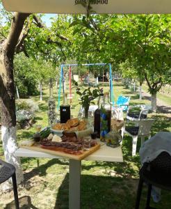 武科瓦尔Kuća za odmor Mirni kutak Vukovar的一张野餐桌,上面有一盘食物
