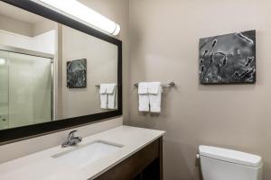 克莱尔莫尔La Quinta by Wyndham Claremore的一间带水槽、镜子和卫生间的浴室