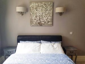 利默里克Elegantly Restored Suite in Historic Limerick的卧室配有一张床,墙上挂有绘画作品