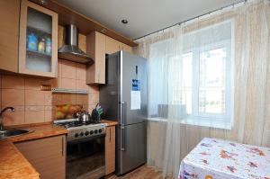 鄂木斯克Omsk Sutki Apartments on Gagarina 2的厨房配有不锈钢冰箱和窗户