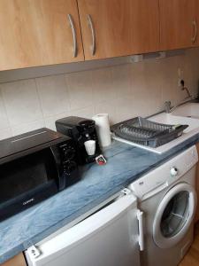莫达讷studio 26 m2 tout équipé的厨房柜台配有微波炉和洗衣机。