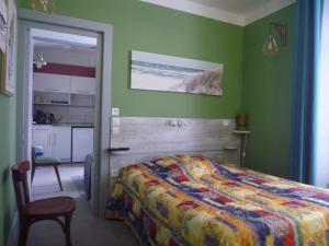 FelletinAu Relais du Parc de Millevaches的一间带绿色墙壁和一张床的卧室以及一间厨房