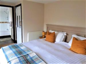 斯特兰拉尔Corsewall Arms Guest House的一间卧室配有带橙色和蓝色枕头的床