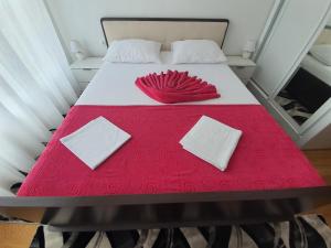 拉法洛维奇AS Apartments Rafailovici的一张红色和白色的床,配有两个枕头