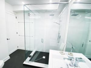 多伦多Elegant Downtown Home的一间带玻璃淋浴和水槽的浴室