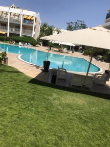 埃拉特Royal Park Eilat - Garden Apartment by CROWN的一个带椅子和遮阳伞的游泳池