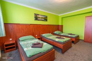 克罗梅日什Hotel Hvězda的绿墙客房内的两张床