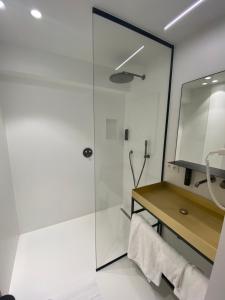 鲁瑟拉勒Parkhotel Roeselare的带淋浴、盥洗盆和镜子的浴室