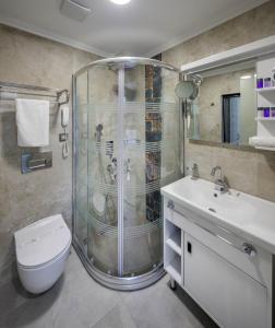 伊斯坦布尔OBAHAN HOTEL-Special Class的带淋浴、卫生间和盥洗盆的浴室