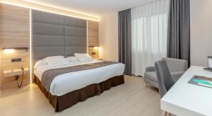 马德里里阿本酒店的配有一张床和一张书桌的酒店客房