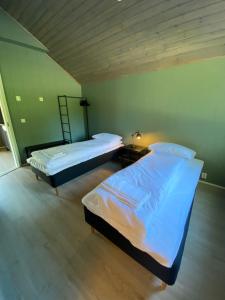 KnapplundSaltstraumen Hotels Hytter的一间设有两张床和镜子的房间