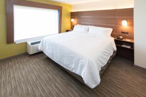 北贝特尔福德Holiday Inn Express & Suites - North Battleford, an IHG Hotel的一张位于酒店客房的大床,设有大窗户
