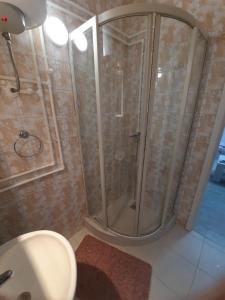 弗尔尼亚奇卡矿泉镇Apartman Casa Lux的带淋浴、卫生间和盥洗盆的浴室