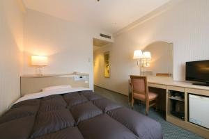 鸟取市鸟取华盛顿广场酒店的酒店客房配有一张床、一张书桌和一台电视。