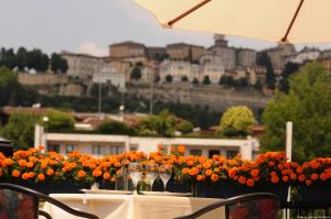 贝加莫圣马可高级酒店的阳台上的桌子上摆放着酒杯和橙花