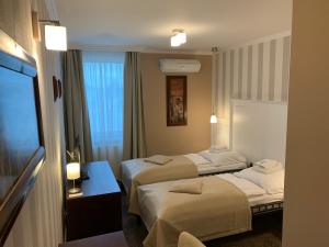 Želiezovce伊甸园宾馆的酒店客房设有两张床和电视。