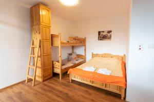瑟尔尼察Orlino Holiday Park的一间卧室设有两张双层床和梯子