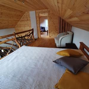 库尔迪加Burziņi的一间卧室,卧室内配有一张床和一把椅子
