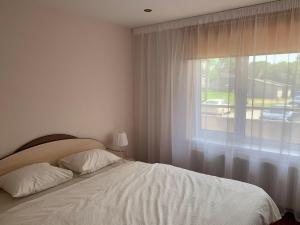 阿卢克斯内Apartamenti Bulvāris的卧室配有白色的床和窗户。