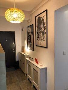 比斯特里察Sunset apartment的一间带水槽的浴室和墙上的图片
