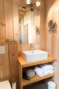 卡普费雷Centre Cap-ferret, les chambres du phare, bassin的浴室配有盥洗盆、镜子和毛巾