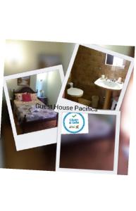 奎特里拉Guest House Pacifica的小房间设有旅馆练习标志和水槽