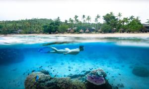 Naukacuvu Island天堂湾度假酒店的在海滩附近的水中游泳的人