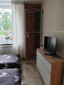 GłubczyceSanktuarium Snu Apartments的客厅配有带床铺的梳妆台,电视