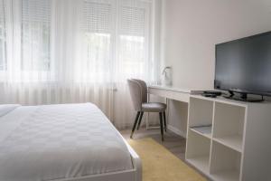 卢布尔雅那Hotel MOREA的一间卧室配有一张床和一张书桌及电视