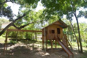 邦比尼亚斯Pousada Sítio Olho D'Água的公园里带滑梯的树屋