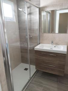 马贝拉Playa Fontanilla Apartments的带淋浴和盥洗盆的浴室