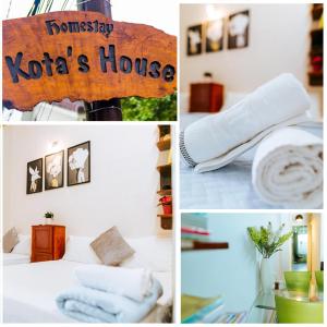 顺化Kota's House Homestay的一张带床和毛巾的房间的照片拼贴