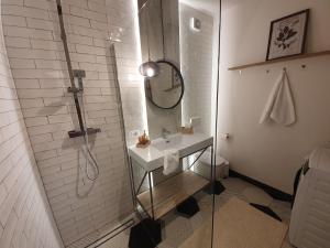 梅拉诺THE MIRROR GUESTHOUSE - TERME MERANO的白色的浴室设有水槽和淋浴。