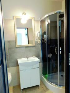 TapkowiceZajazd Fakir的浴室配有白色水槽和淋浴。