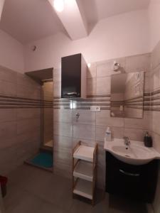 尤斯托尼莫斯基Domki i apartamenty w Ustroniu Morskim的一间带水槽和淋浴的浴室