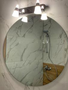 特里卡拉Petite Luxury Urban House的浴室配有淋浴和大镜子的浴室