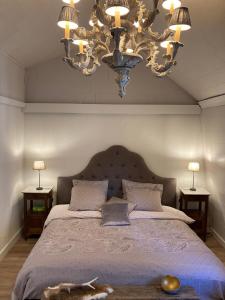 通厄伦Le petit béguinage的一间卧室配有一张带吊灯的大床