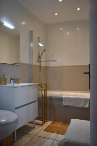 佩兹纳斯Au logis de Pézenas的带淋浴、盥洗盆和卫生间的浴室