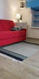 维耶斯泰PASSIONE VACANZE的客厅里一张红色的沙发,铺着地毯